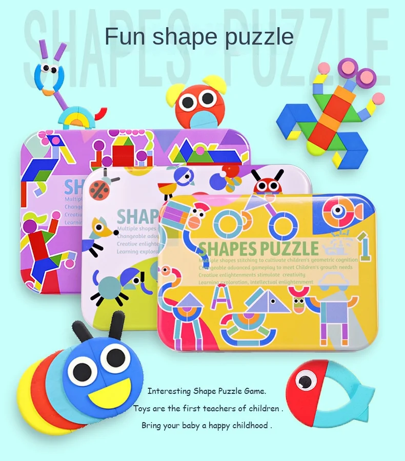 Geometric Shapes Wood 3D Puzzles for Kids Tangram Jigsaw Montessori Games Children Wooden Educational Toys with Box