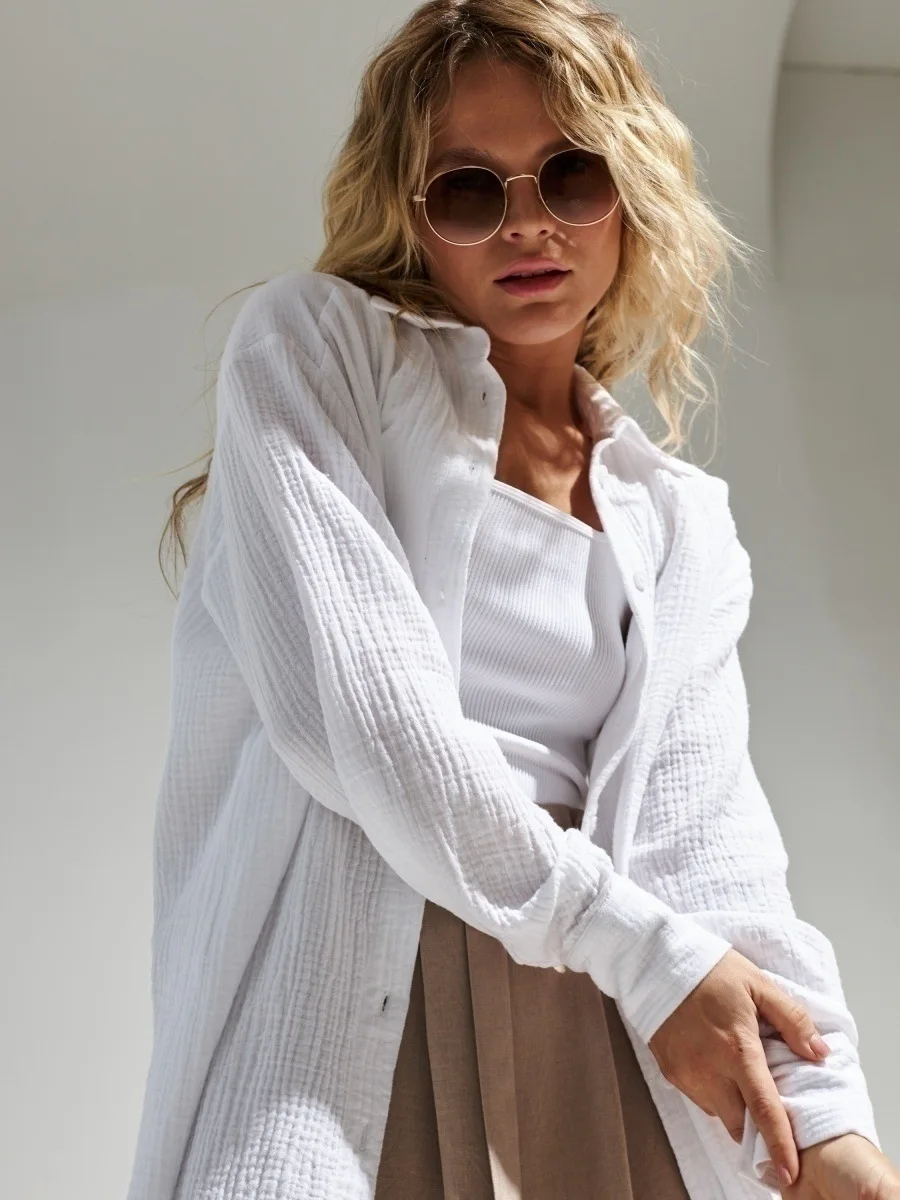 Bornladies 2025 Women's Spring Summer 100% Cotton Shirts Office Lady Fashionable Solid Lady Long Sleeve Loose Tops Crepe Shirts