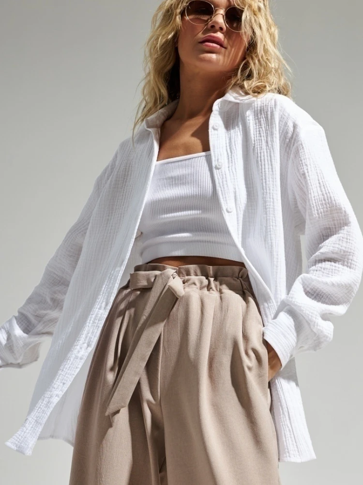 Bornladies 2025 Women's Spring Summer 100% Cotton Shirts Office Lady Fashionable Solid Lady Long Sleeve Loose Tops Crepe Shirts