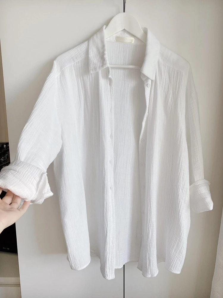 Bornladies 2025 Women's Spring Summer 100% Cotton Shirts Office Lady Fashionable Solid Lady Long Sleeve Loose Tops Crepe Shirts