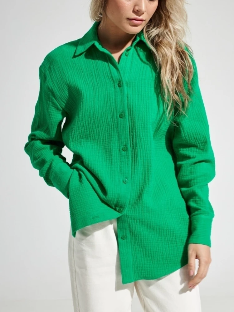 Bornladies 2025 Women's Spring Summer 100% Cotton Shirts Office Lady Fashionable Solid Lady Long Sleeve Loose Tops Crepe Shirts