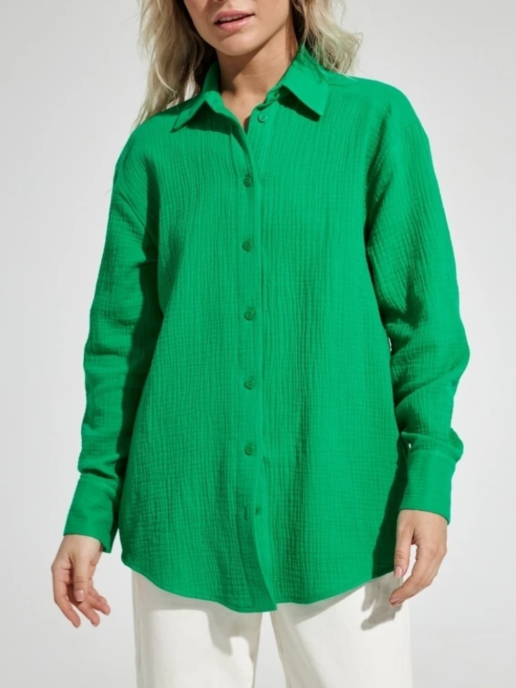 Bornladies 2025 Women's Spring Summer 100% Cotton Shirts Office Lady Fashionable Solid Lady Long Sleeve Loose Tops Crepe Shirts