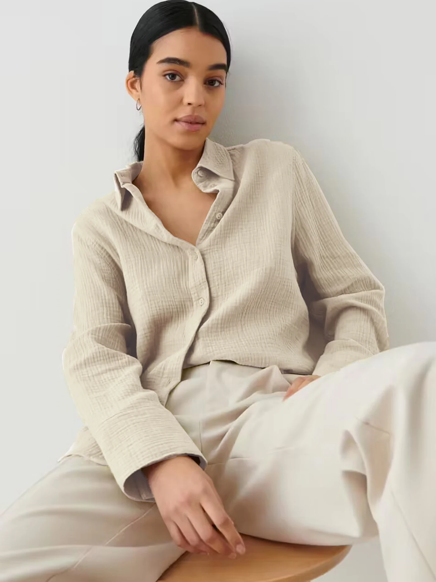 Bornladies 2025 Women's Spring Summer 100% Cotton Shirts Office Lady Fashionable Solid Lady Long Sleeve Loose Tops Crepe Shirts