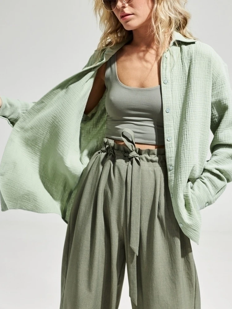 Bornladies 2025 Women's Spring Summer 100% Cotton Shirts Office Lady Fashionable Solid Lady Long Sleeve Loose Tops Crepe Shirts