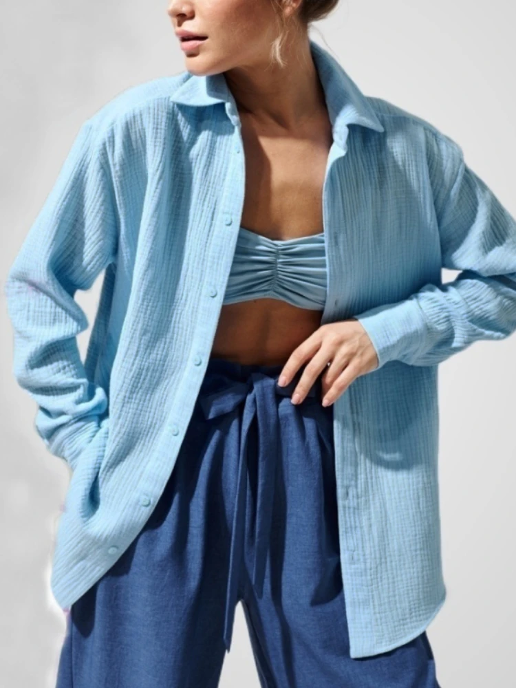 Bornladies 2025 Women's Spring Summer 100% Cotton Shirts Office Lady Fashionable Solid Lady Long Sleeve Loose Tops Crepe Shirts