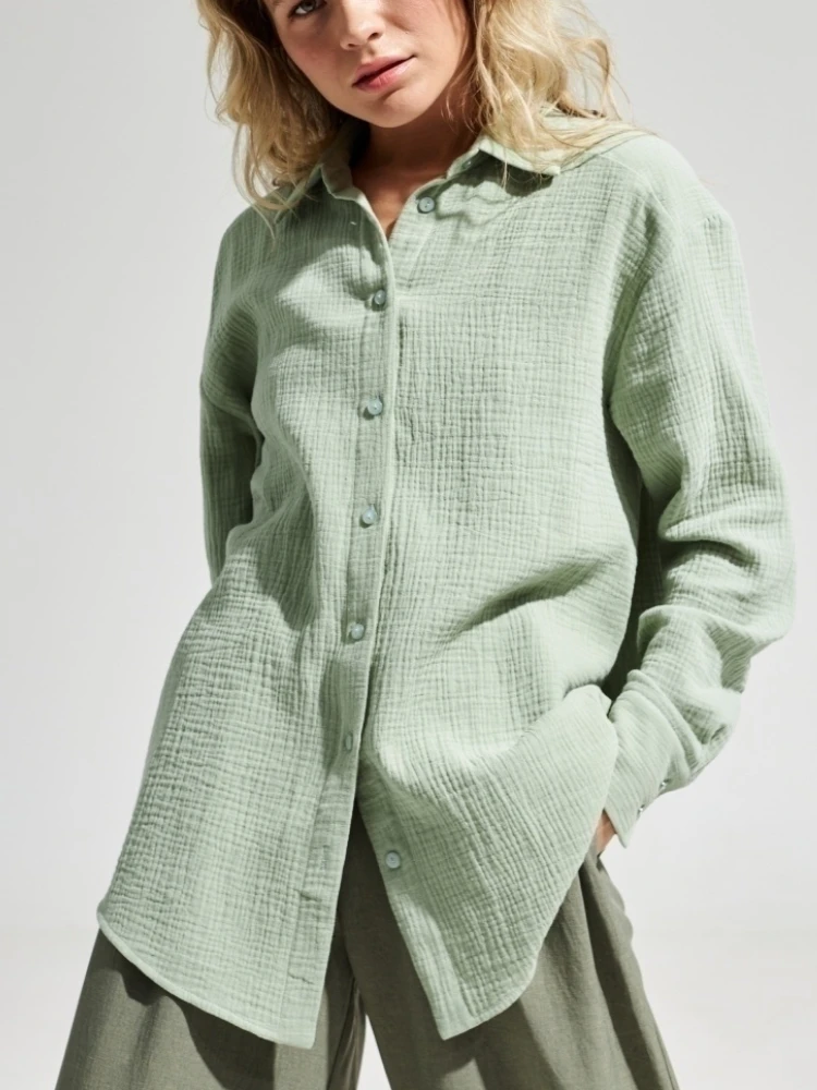 Bornladies 2025 Women's Spring Summer 100% Cotton Shirts Office Lady Fashionable Solid Lady Long Sleeve Loose Tops Crepe Shirts