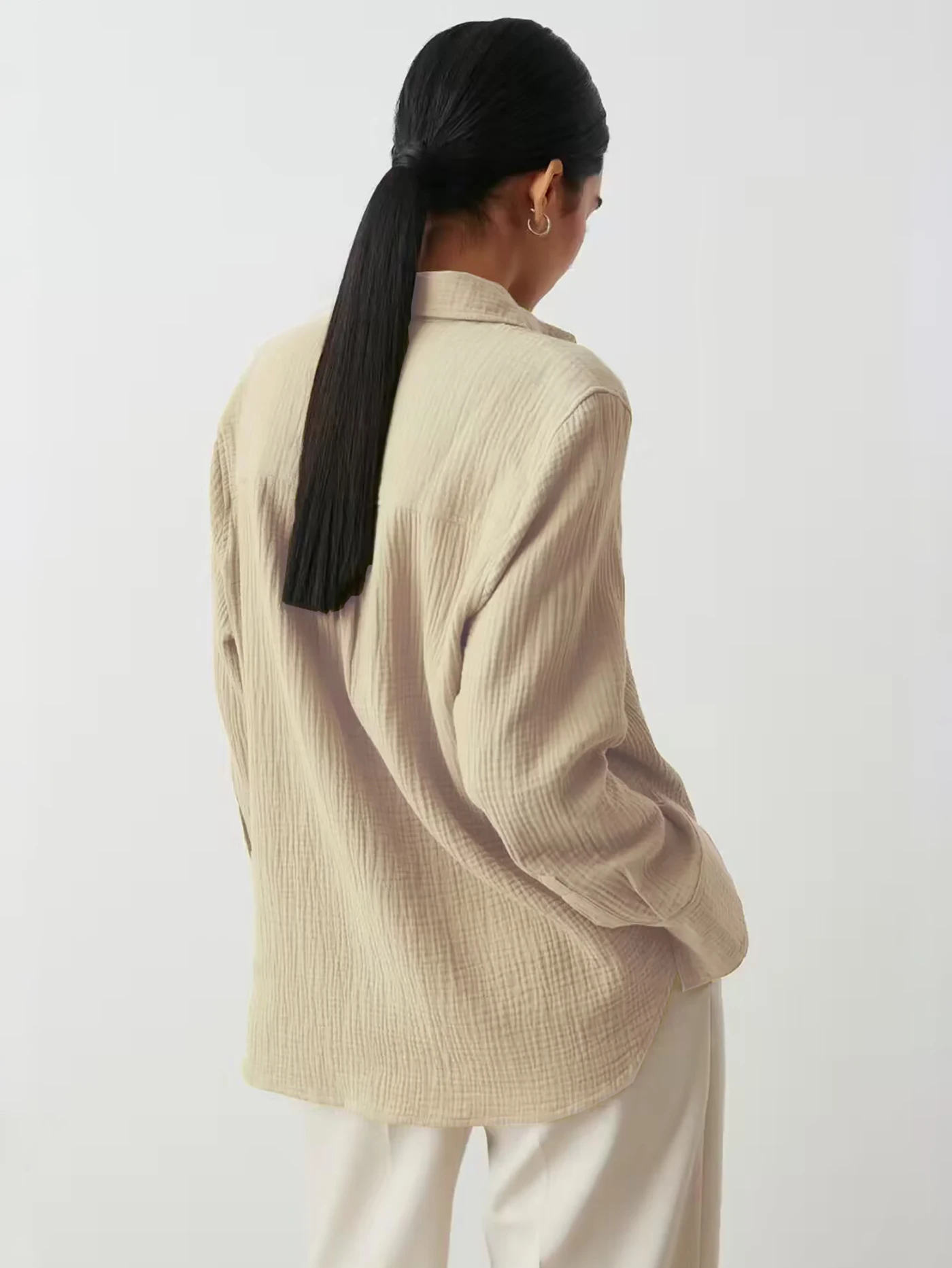 Bornladies 2025 Women's Spring Summer 100% Cotton Shirts Office Lady Fashionable Solid Lady Long Sleeve Loose Tops Crepe Shirts