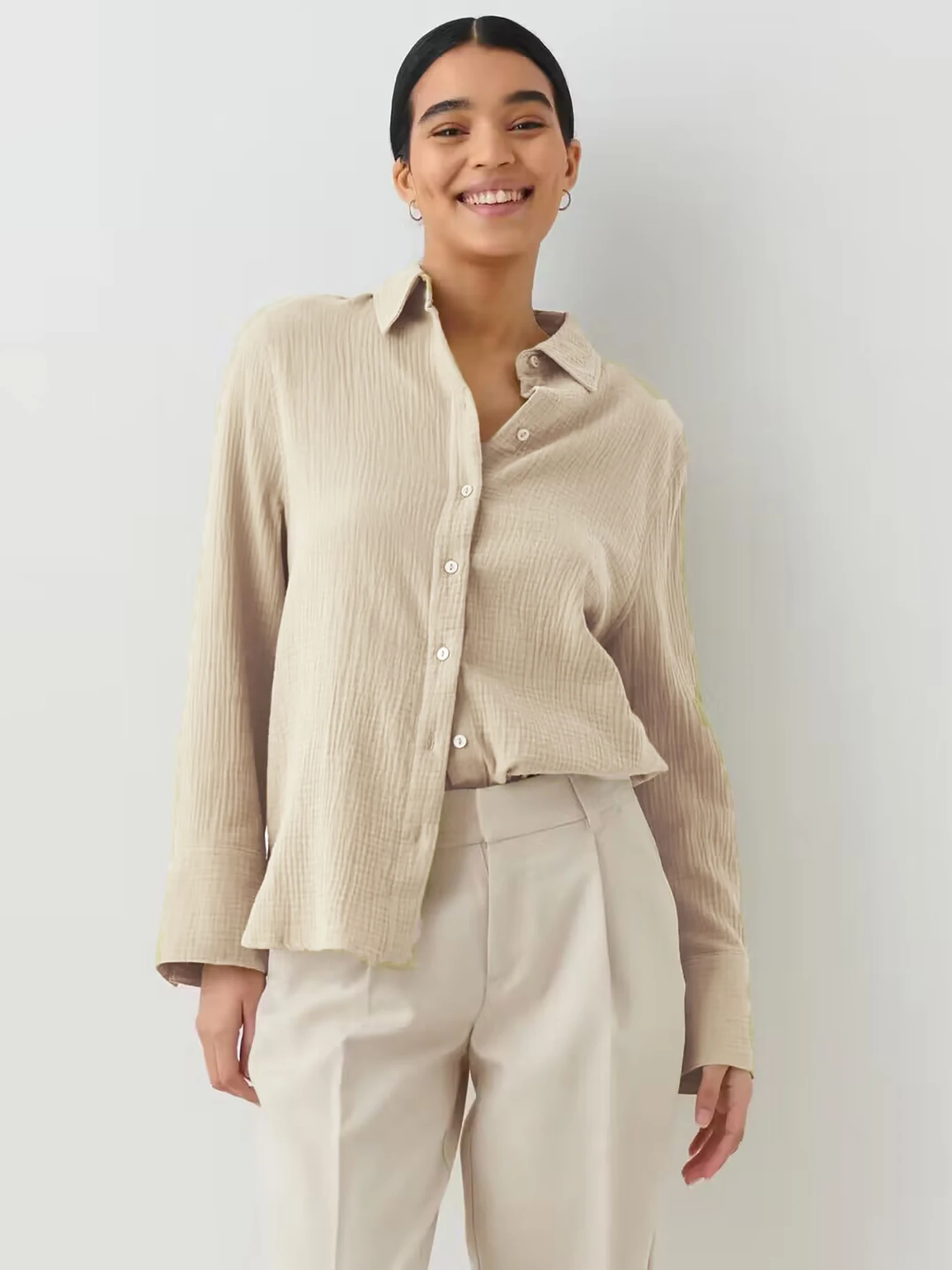 Bornladies 2025 Women's Spring Summer 100% Cotton Shirts Office Lady Fashionable Solid Lady Long Sleeve Loose Tops Crepe Shirts