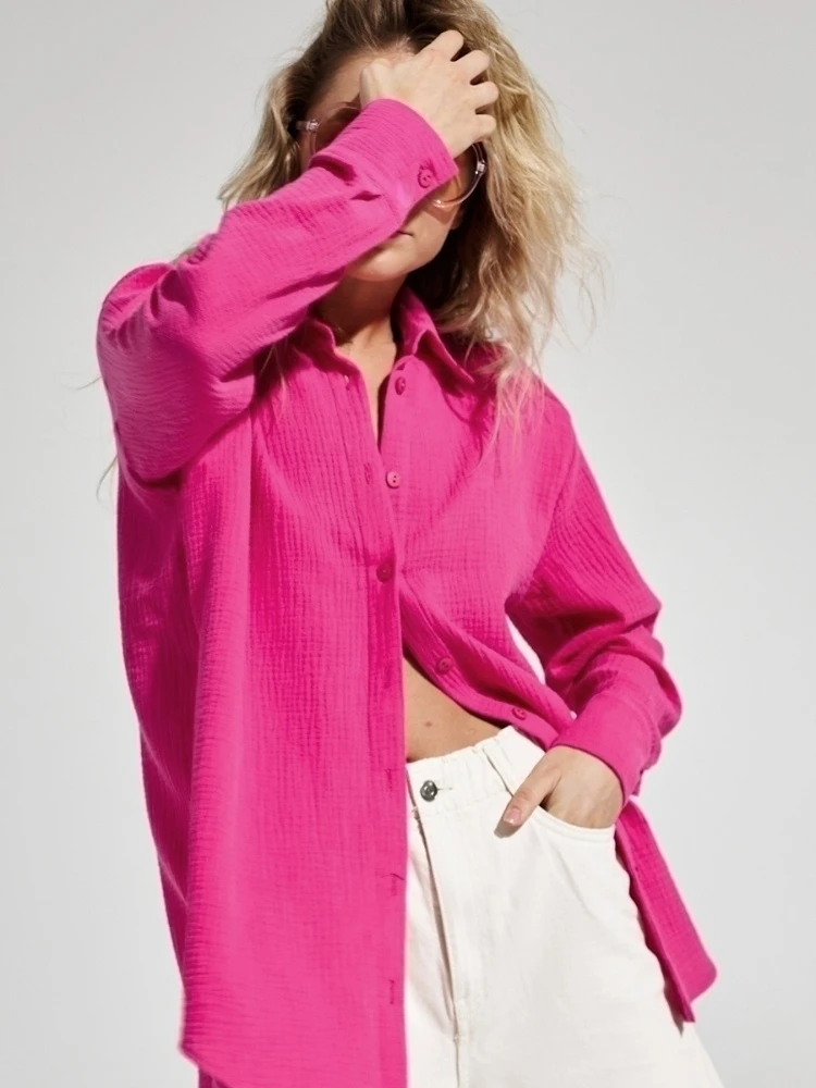 Bornladies 2025 Women's Spring Summer 100% Cotton Shirts Office Lady Fashionable Solid Lady Long Sleeve Loose Tops Crepe Shirts