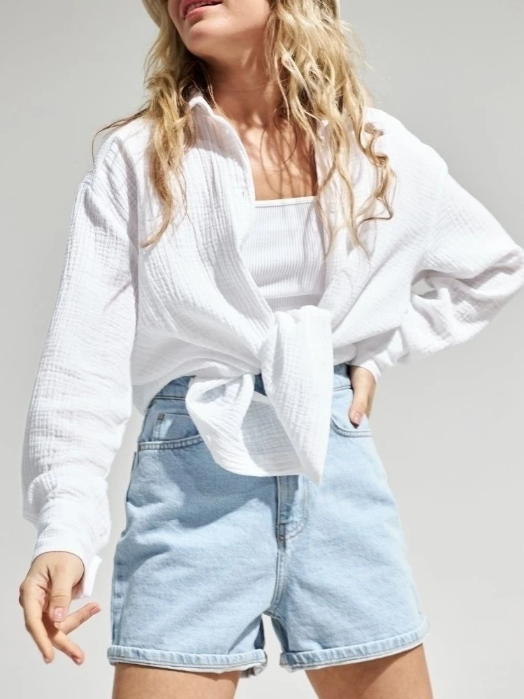 Bornladies 2025 Women's Spring Summer 100% Cotton Shirts Office Lady Fashionable Solid Lady Long Sleeve Loose Tops Crepe Shirts