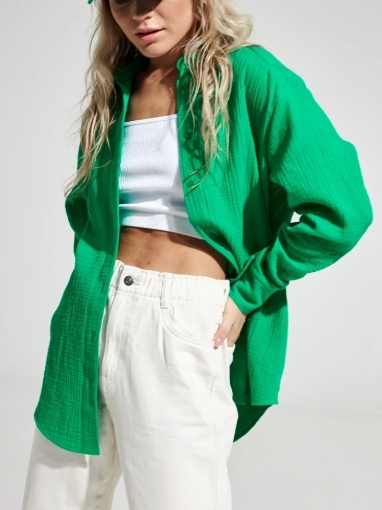 Bornladies 2025 Women's Spring Summer 100% Cotton Shirts Office Lady Fashionable Solid Lady Long Sleeve Loose Tops Crepe Shirts