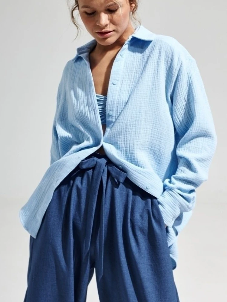 Bornladies 2025 Women's Spring Summer 100% Cotton Shirts Office Lady Fashionable Solid Lady Long Sleeve Loose Tops Crepe Shirts