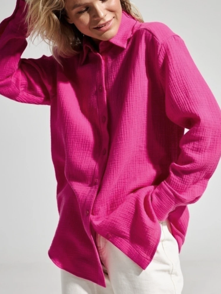 Bornladies 2025 Women's Spring Summer 100% Cotton Shirts Office Lady Fashionable Solid Lady Long Sleeve Loose Tops Crepe Shirts