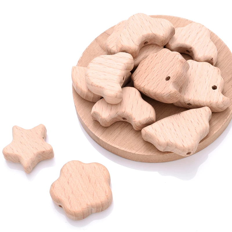 10Pcs Animal Pentagram Wooden Beads Food Grade Beech Wood Teething Teether Beads DIY Baby Pacifier Chain Pendant Accessories