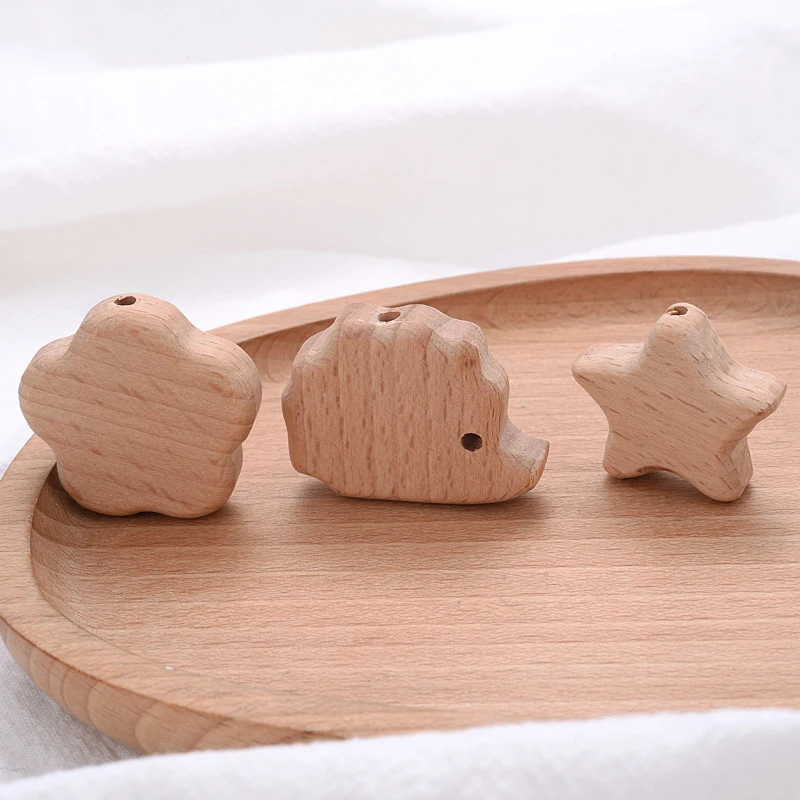 10Pcs Animal Pentagram Wooden Beads Food Grade Beech Wood Teething Teether Beads DIY Baby Pacifier Chain Pendant Accessories