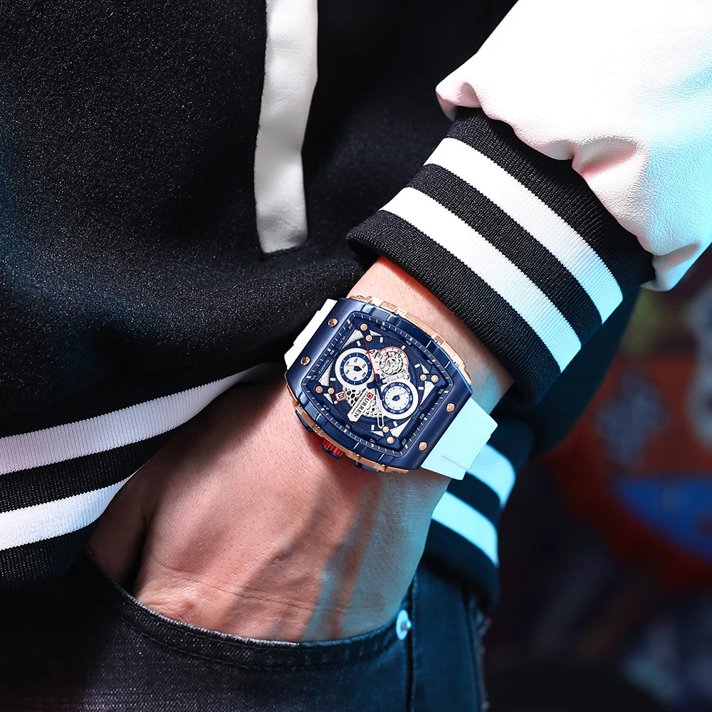 CURREN Tonneau Dial Sport Watch for Men Fashion Waterproof Quartz Wristwatch with Auto Date Yellow Silicone Strap Luminous
