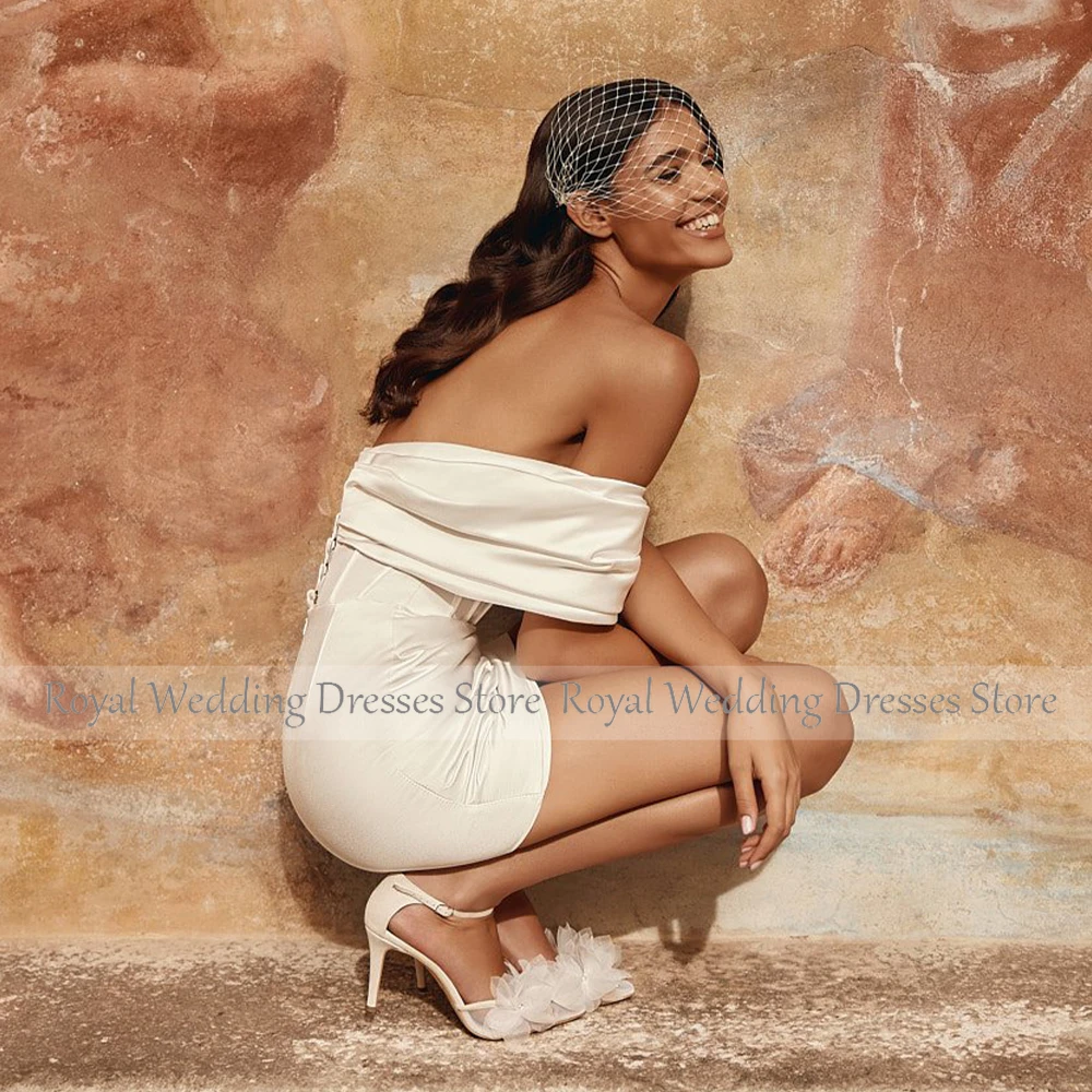 Mini Wedding Dress with Detachable Train Off the Shoulder Luxury Gown Long 2023 Ivory Satin Backless Lace-up Bridal