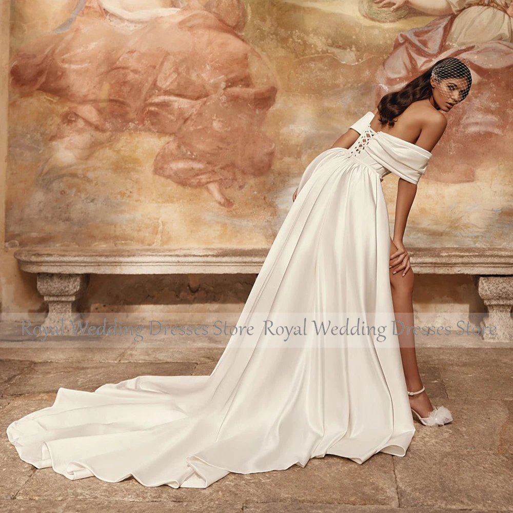 Mini Wedding Dress with Detachable Train Off the Shoulder Luxury Gown Long 2023 Ivory Satin Backless Lace-up Bridal