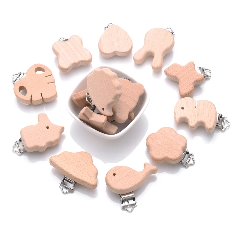 5Pcs Wooden Pacifier Clip Beech Wooden Animal Natural Dummy Clip DIY Baby Pacifier Chain Teether Toys Accessories BPA Free