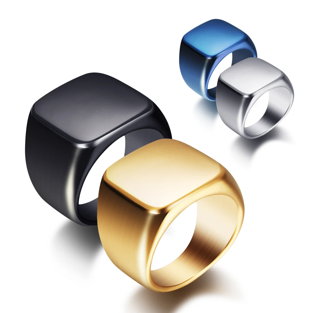 Free Engrave New Silver/Gold/Black/Blue Square Big Width Signet Rings For Men Ring Titanium Steel Jewelry