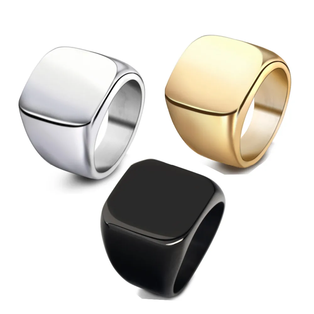Free Engrave New Silver/Gold/Black/Blue Square Big Width Signet Rings For Men Ring Titanium Steel Jewelry