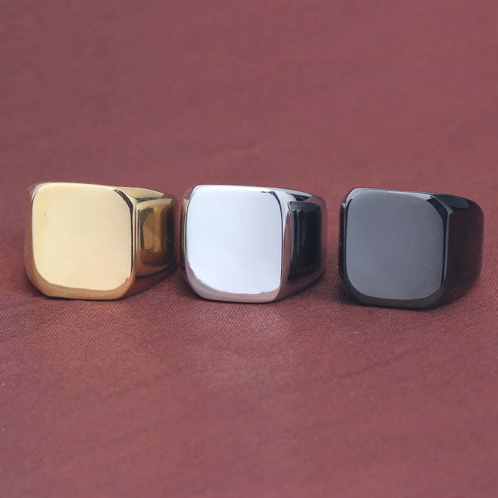 Free Engrave New Silver/Gold/Black/Blue Square Big Width Signet Rings For Men Ring Titanium Steel Jewelry