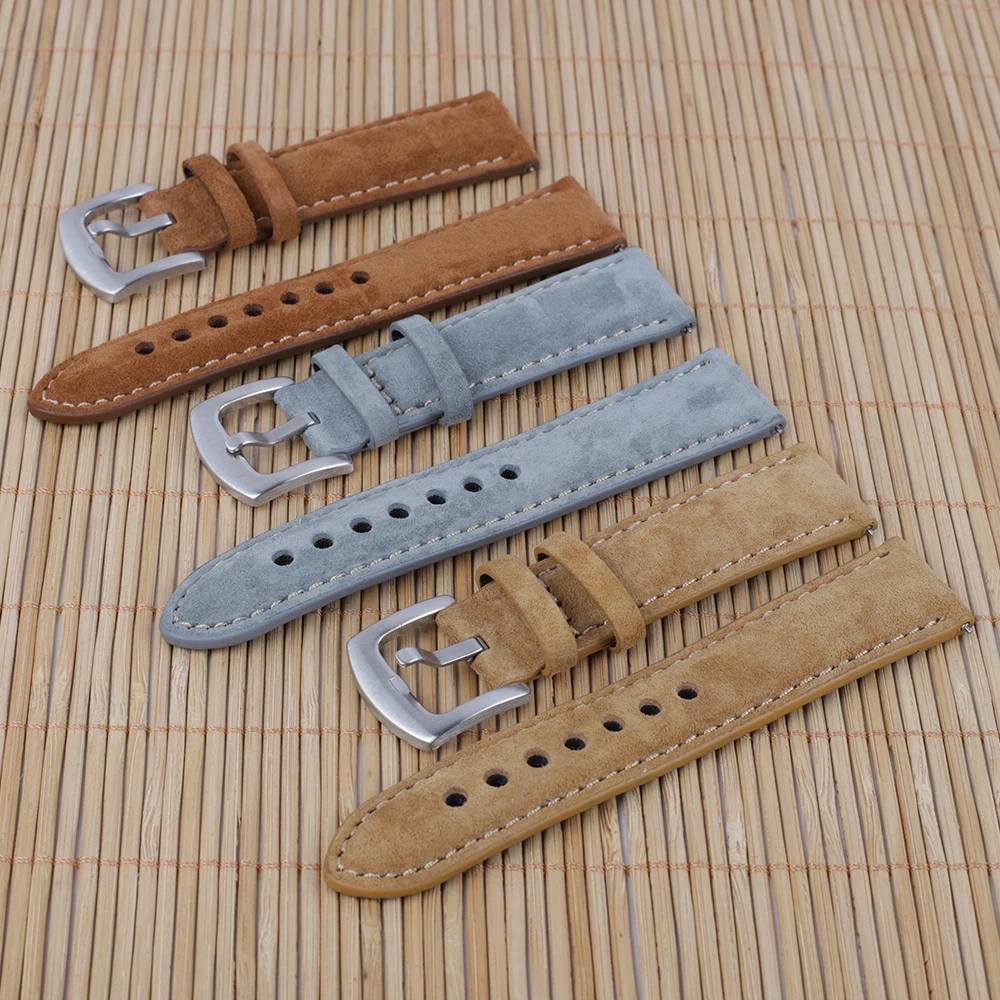 Suede Leather Watch Strap 18mm 19mm 20mm 22mm Band Vintage Handmade Watchband Grey Brown Replacement Belts For Watch Accessories