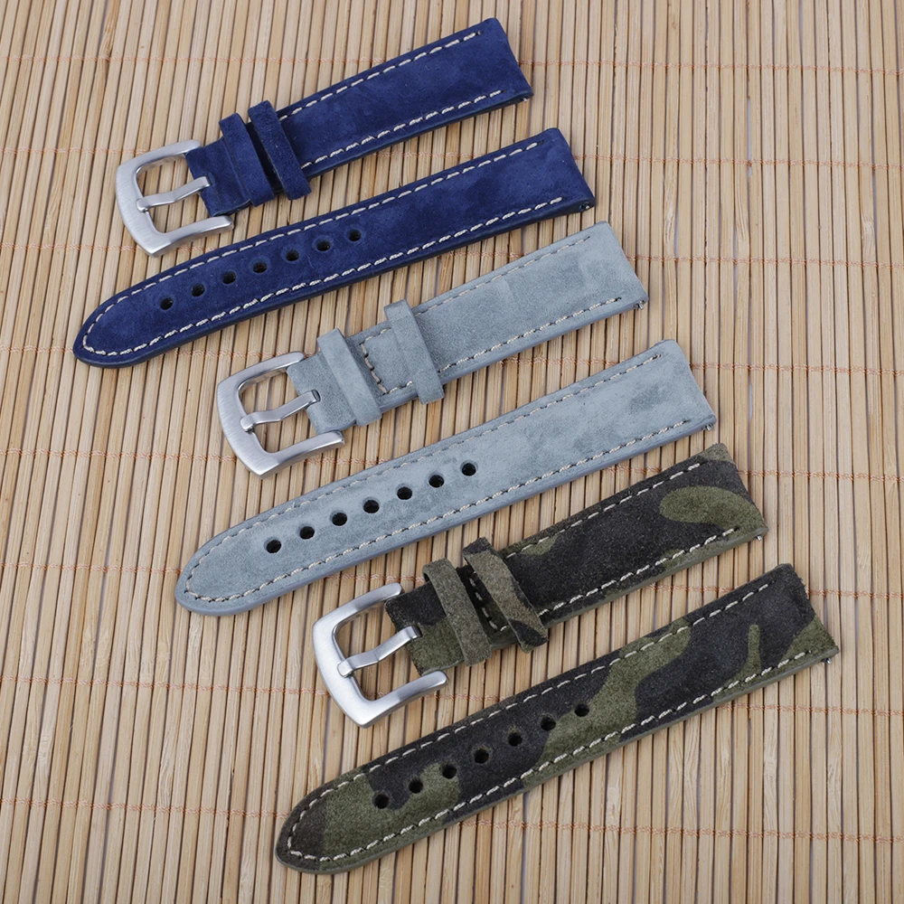 Suede Leather Watch Strap 18mm 19mm 20mm 22mm Band Vintage Handmade Watchband Grey Brown Replacement Belts For Watch Accessories