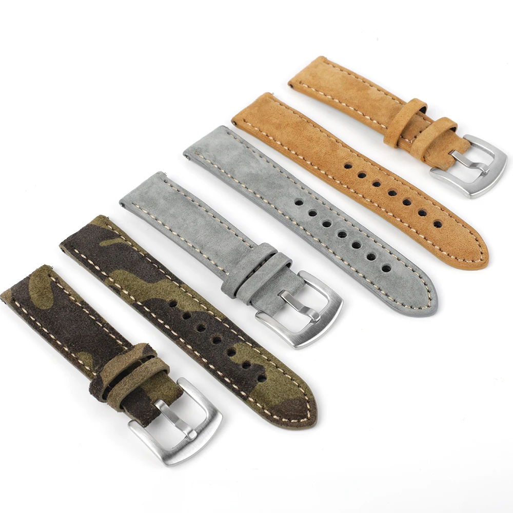 Suede Leather Watch Strap 18mm 19mm 20mm 22mm Band Vintage Handmade Watchband Grey Brown Replacement Belts For Watch Accessories