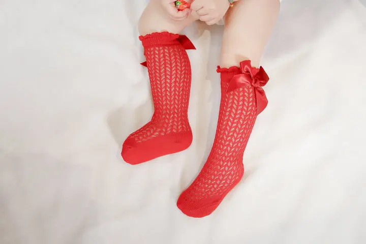 Summer Baby Girls Socks Toddlers Bow Long Sock Kids Knee High Soft Cotton Mesh Spanish Style Children 0-2 Years Breathable Socks