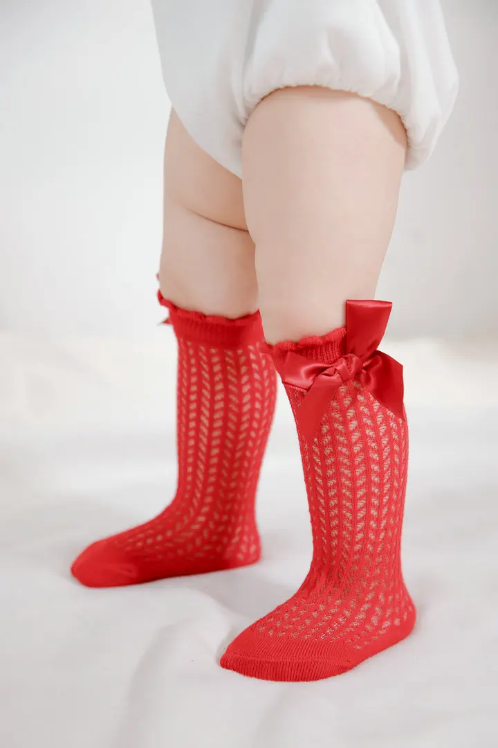 Summer Baby Girls Socks Toddlers Bow Long Sock Kids Knee High Soft Cotton Mesh Spanish Style Children 0-2 Years Breathable Socks