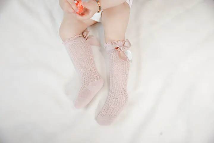 Summer Baby Girls Socks Toddlers Bow Long Sock Kids Knee High Soft Cotton Mesh Spanish Style Children 0-2 Years Breathable Socks