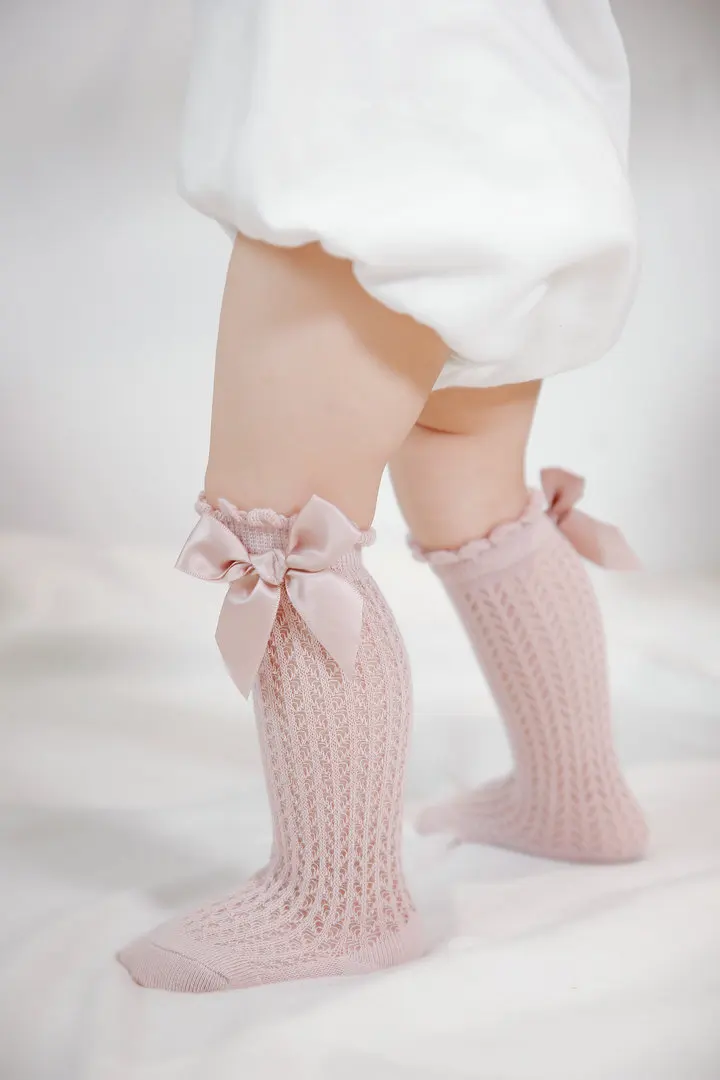 Summer Baby Girls Socks Toddlers Bow Long Sock Kids Knee High Soft Cotton Mesh Spanish Style Children 0-2 Years Breathable Socks