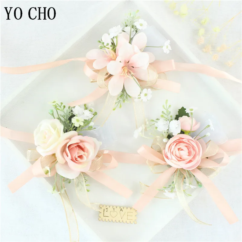 Wedding Groom Boutonniere Bride Bridesmaid Women Hand Wrist Flower Silk Rose Boutonniere Buttonhole for Marriage Party Flower