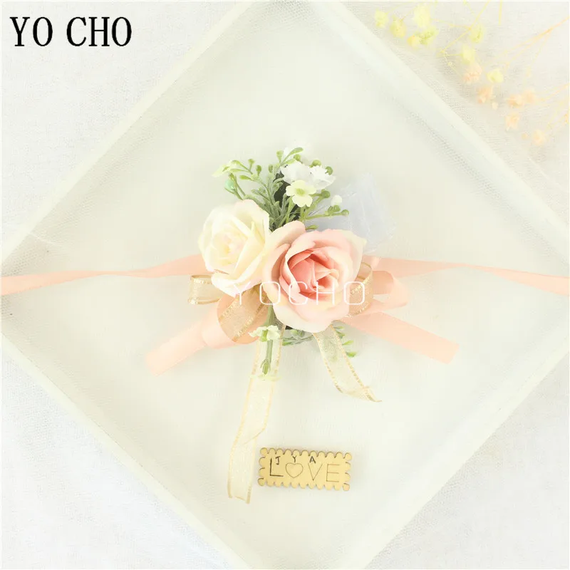 Wedding Groom Boutonniere Bride Bridesmaid Women Hand Wrist Flower Silk Rose Boutonniere Buttonhole for Marriage Party Flower
