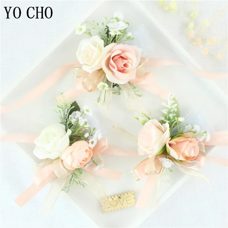 Wedding Groom Boutonniere Bride Bridesmaid Women Hand Wrist Flower Silk Rose Boutonniere Buttonhole for Marriage Party Flower