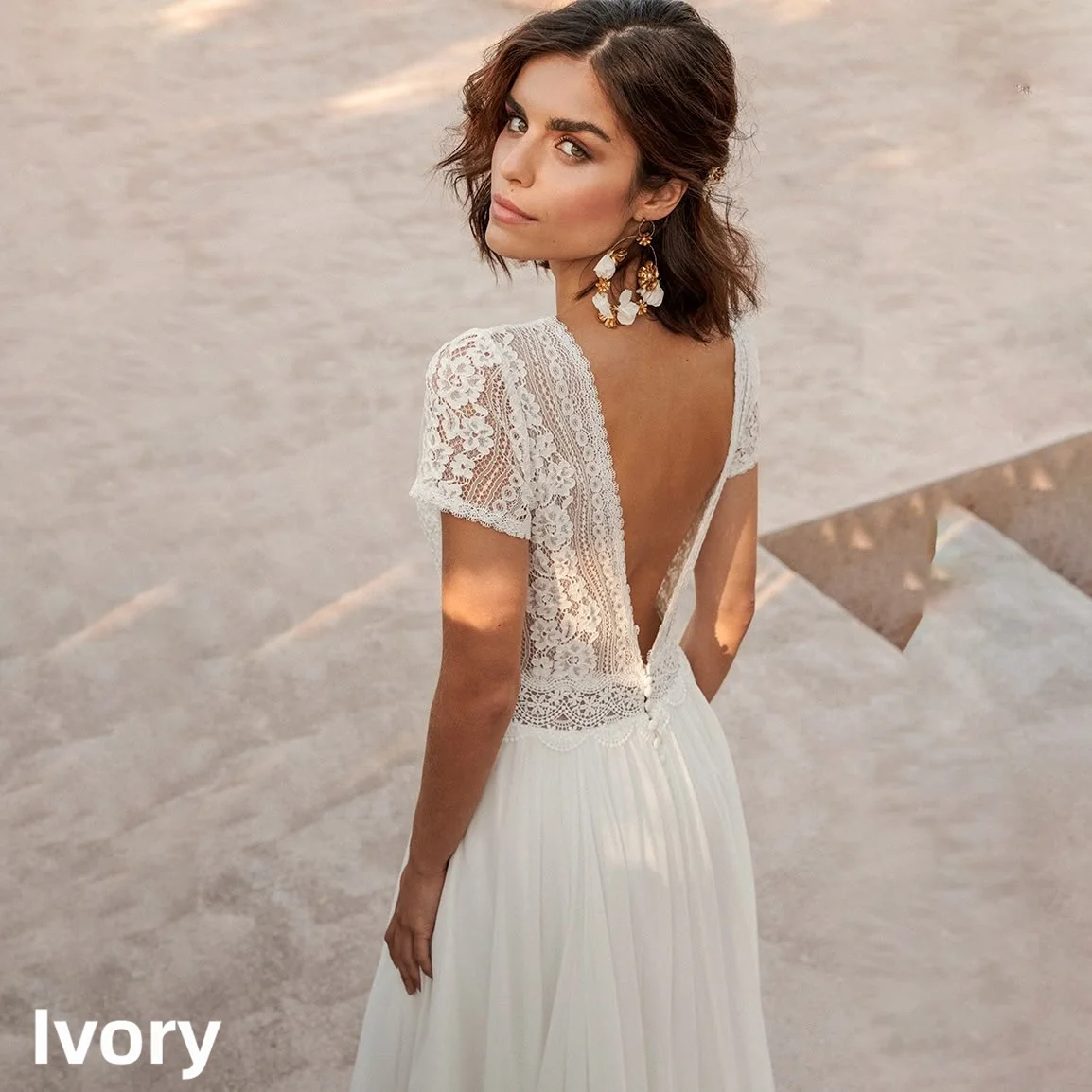 Boho Lace Short Sleeve Chiffon Wedding Dress V Back Beach Bridal Gown Custom Vestido Novia Elopement Simple White Bride Gown