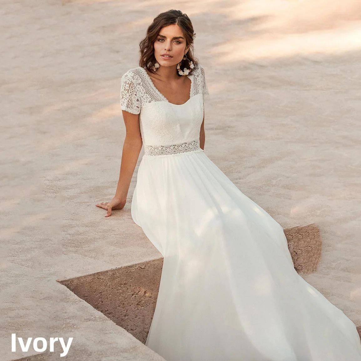 Boho Lace Short Sleeve Chiffon Wedding Dress V Back Beach Bridal Gown Custom Vestido Novia Elopement Simple White Bride Gown