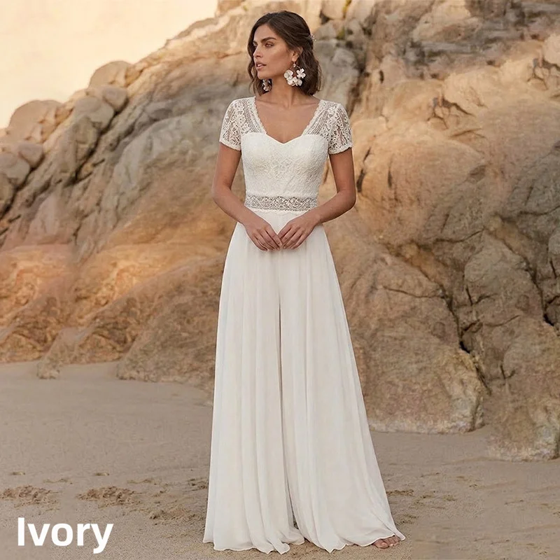 Boho Lace Short Sleeve Chiffon Wedding Dress V Back Beach Bridal Gown Custom Vestido Novia Elopement Simple White Bride Gown