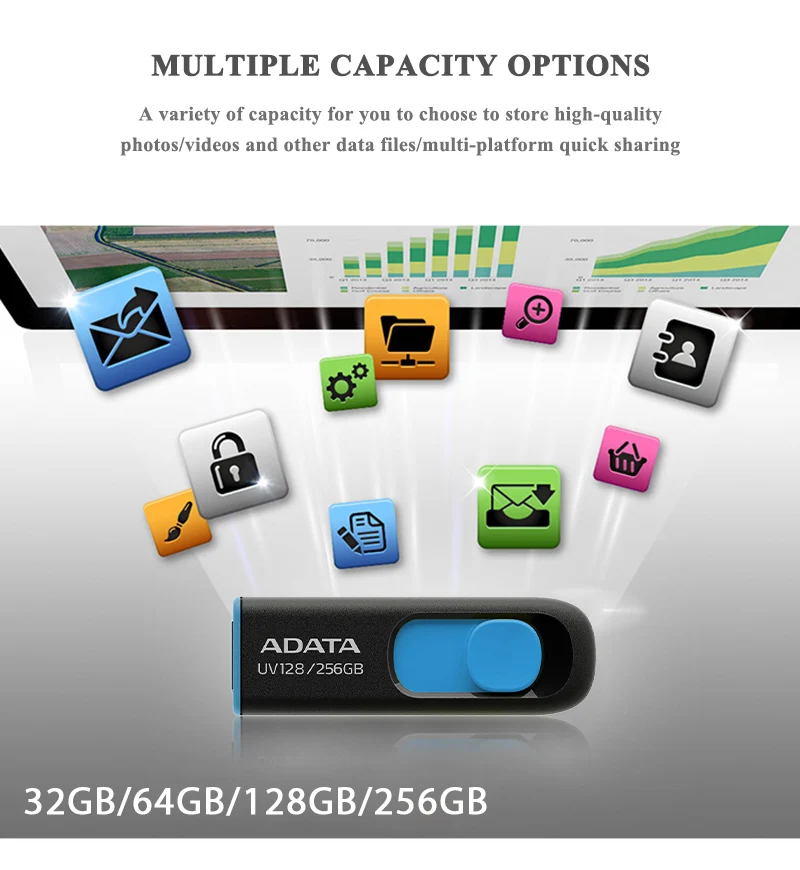 Original ADATA USB Pendrive UV128 USB 3.2 Memory Stick 128GB 32GB 64GB Flash Disk USB Stick Storage Disk Black Portable U Disk