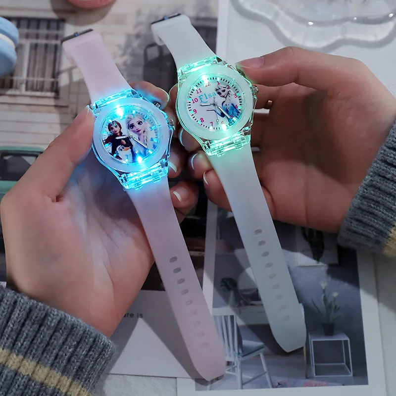 Disney Girls Kids Watches Children Watch Frozen Princess Aisha Sophia Luminous Student Colorful LED Light Women Lady Clock