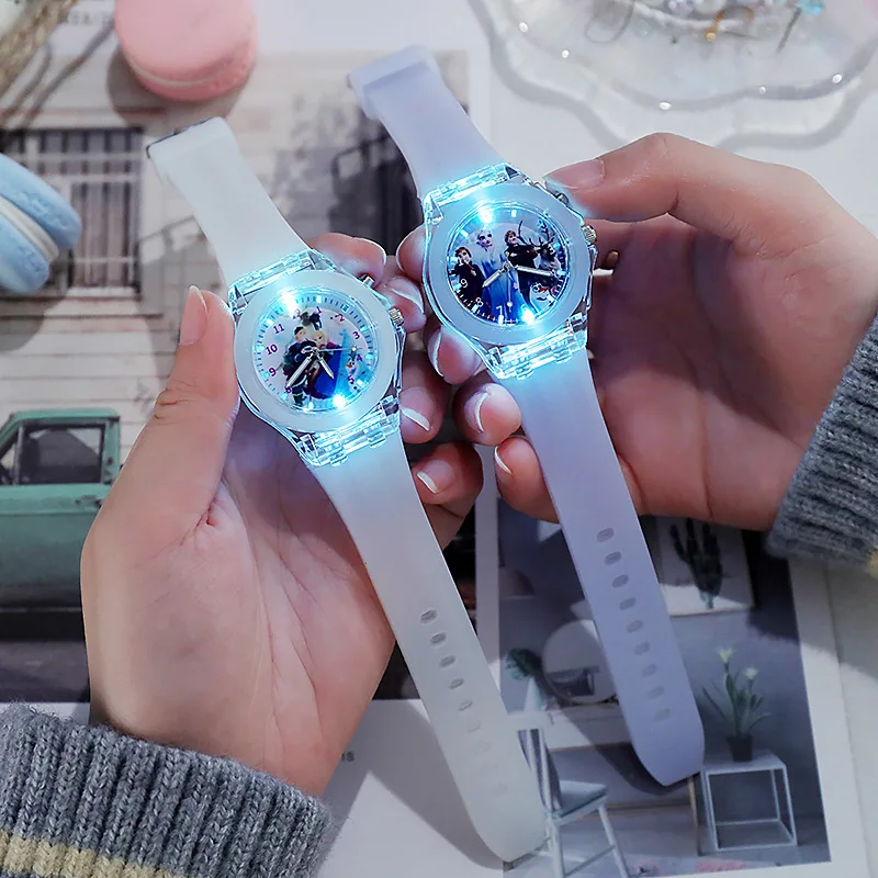 Disney Girls Kids Watches Children Watch Frozen Princess Aisha Sophia Luminous Student Colorful LED Light Women Lady Clock