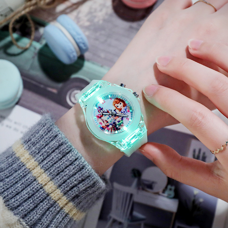 Disney Girls Kids Watches Children Watch Frozen Princess Aisha Sophia Luminous Student Colorful LED Light Women Lady Clock