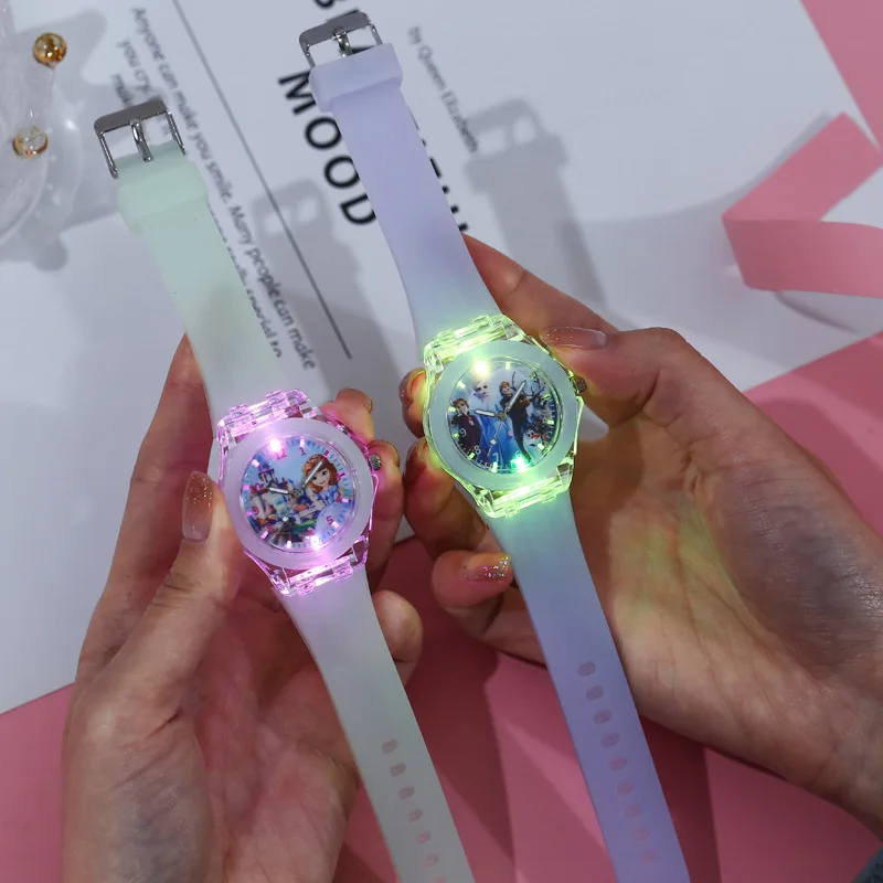 Disney Girls Kids Watches Children Watch Frozen Princess Aisha Sophia Luminous Student Colorful LED Light Women Lady Clock