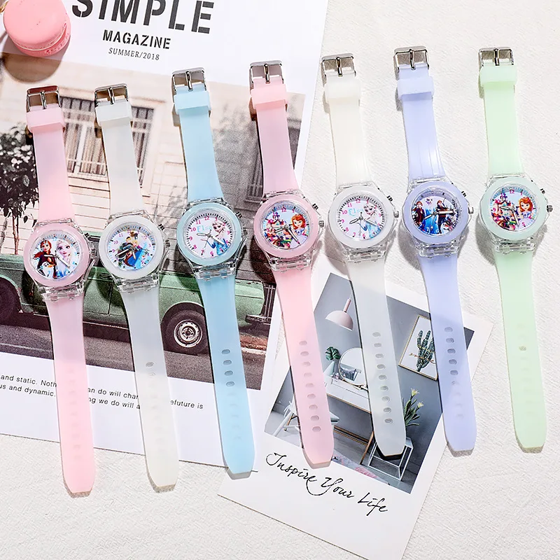 Disney Girls Kids Watches Children Watch Frozen Princess Aisha Sophia Luminous Student Colorful LED Light Women Lady Clock