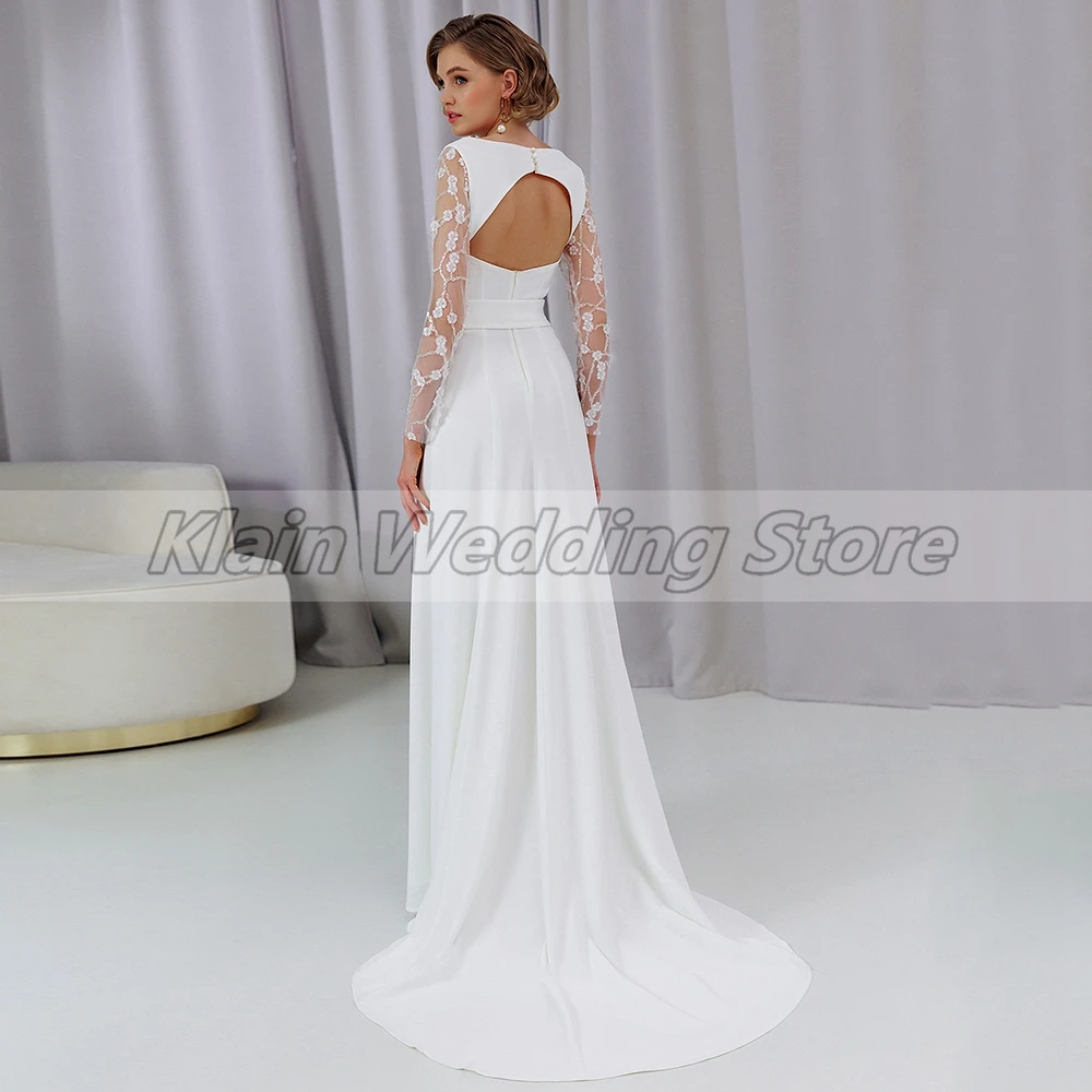 Customized Weilinsha Floor Length Side Slit Wedding Dress Lace Appliques Full Sleeves Bridal Zipper Back Court Train Gowns