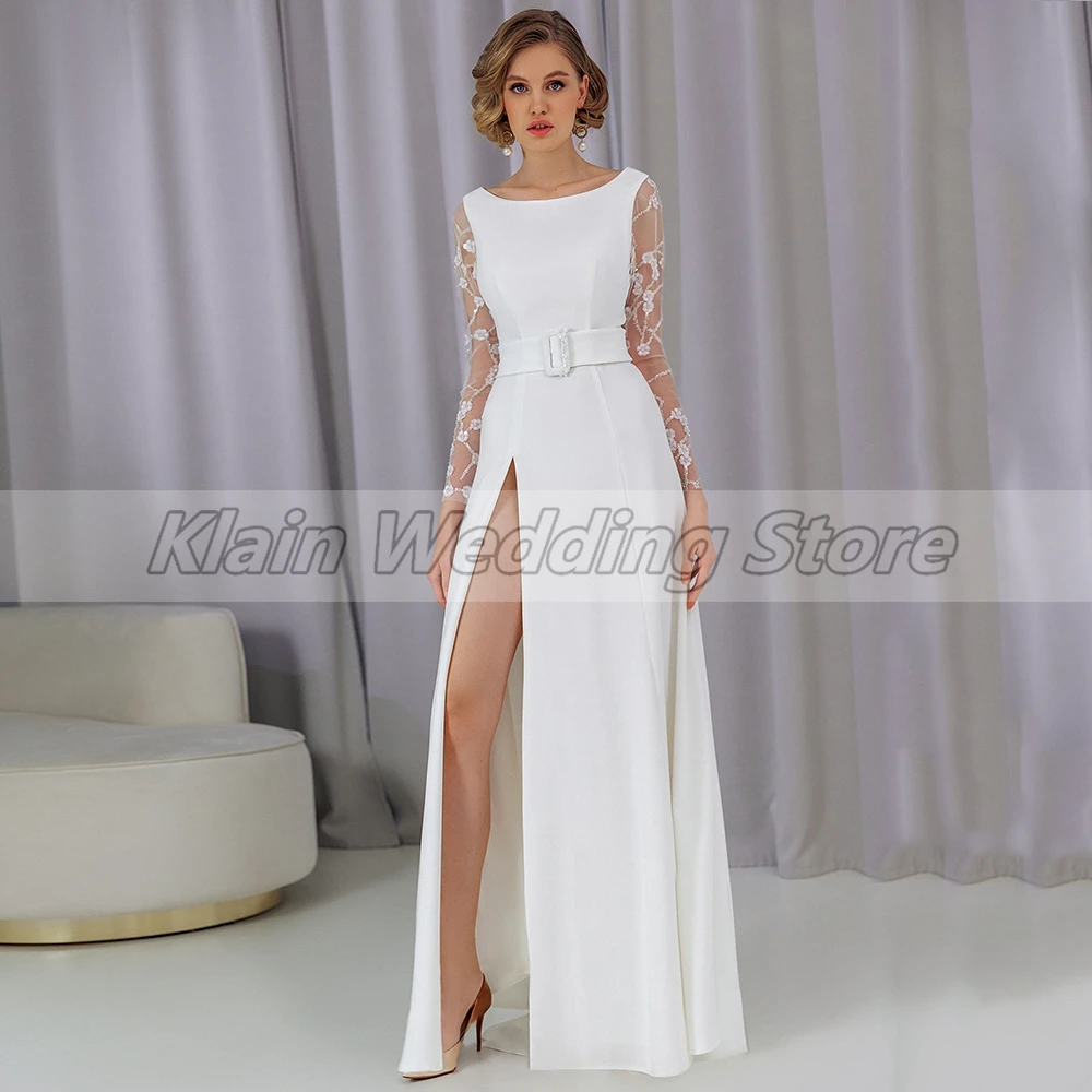Customized Weilinsha Floor Length Side Slit Wedding Dress Lace Appliques Full Sleeves Bridal Zipper Back Court Train Gowns