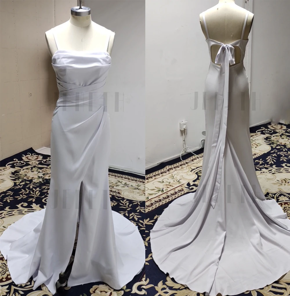 Simple White Wedding Dresses Side Slit Bride Robes Sleeveless Shoulder with Straps Bridal Gowns Open Back Affordable Customized