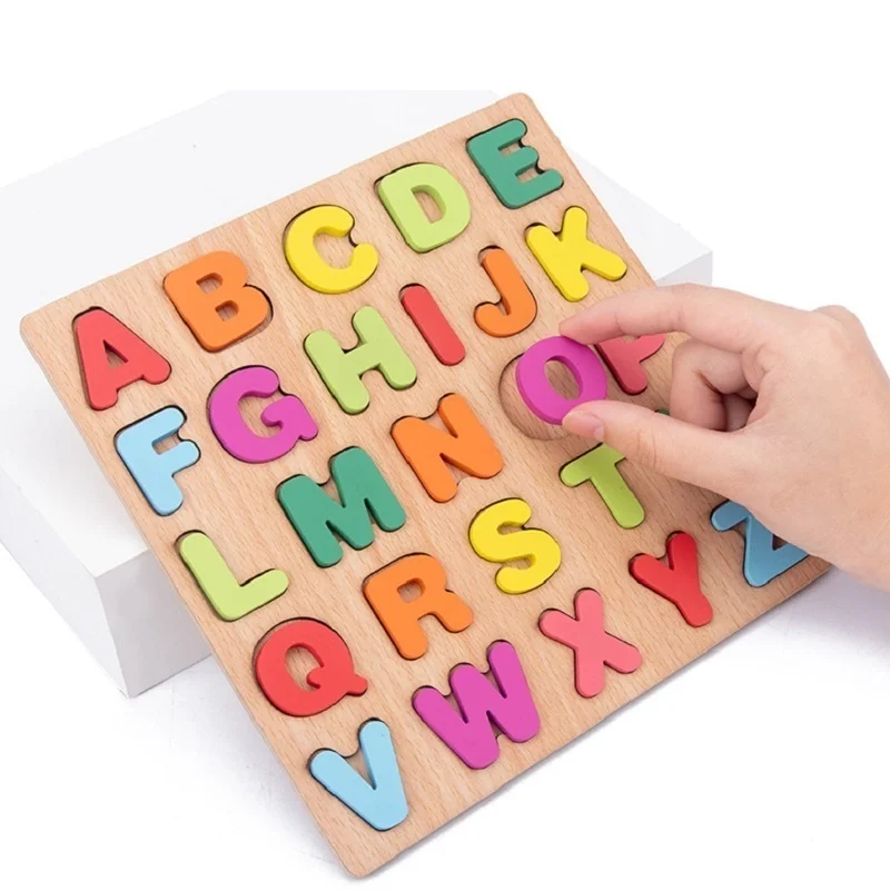 Wooden Puzzle Alphabet Number Shape Matching Board Baby Early Learning 3D Puzzle Preschool Educational Toys For Children