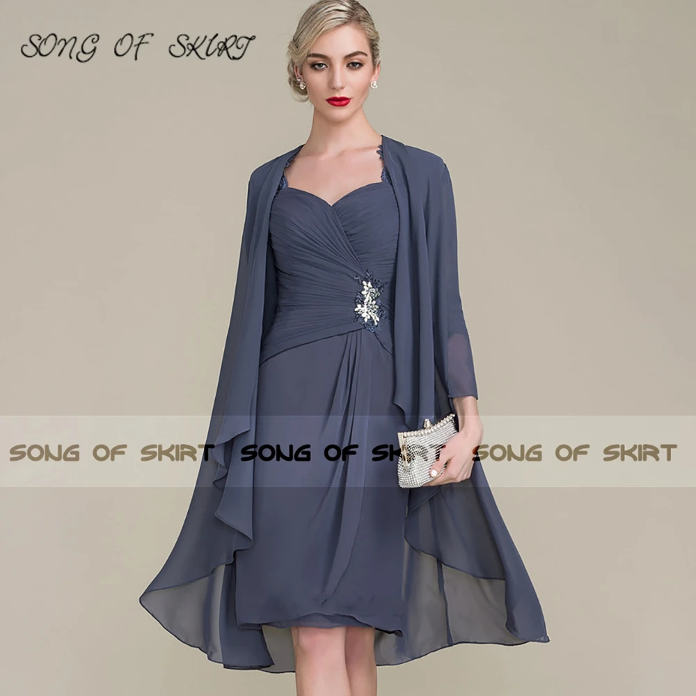 Customized Navy Blue Chiffon Mother Of Bride Dresses Formal Two Piece Lace Wedding Guests Dress Women Gown Robe De Soirée Femme
